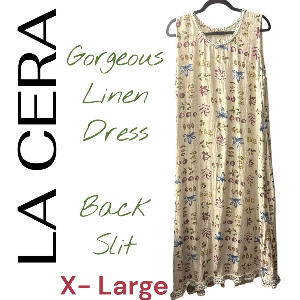 La Cera Cream Floral Linen Maxi Dress